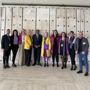 Core group and civil society representatives at the Human Rights Council, 4 April 2024, including IHRA's Mauro Cabral Grinspan on the right