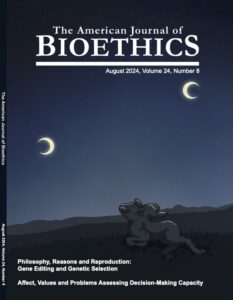 Cover image of August 2024 edition of The American Journal of Bioethics- a under a blue night sky with two crescent moons, prances an animated 4 legged animal on grassy, hilly terrain.